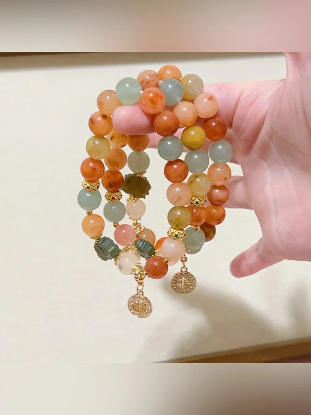 Handmade GoldenSilk Jade Bracelet ｜ Green Jade Lotus Charm & Lucky Fu福Dangle
